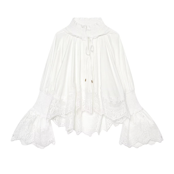 Ladies Romantic Blouse with Ruffle Collar, Bell Sleeves and Lace Trim Mune Fashion
