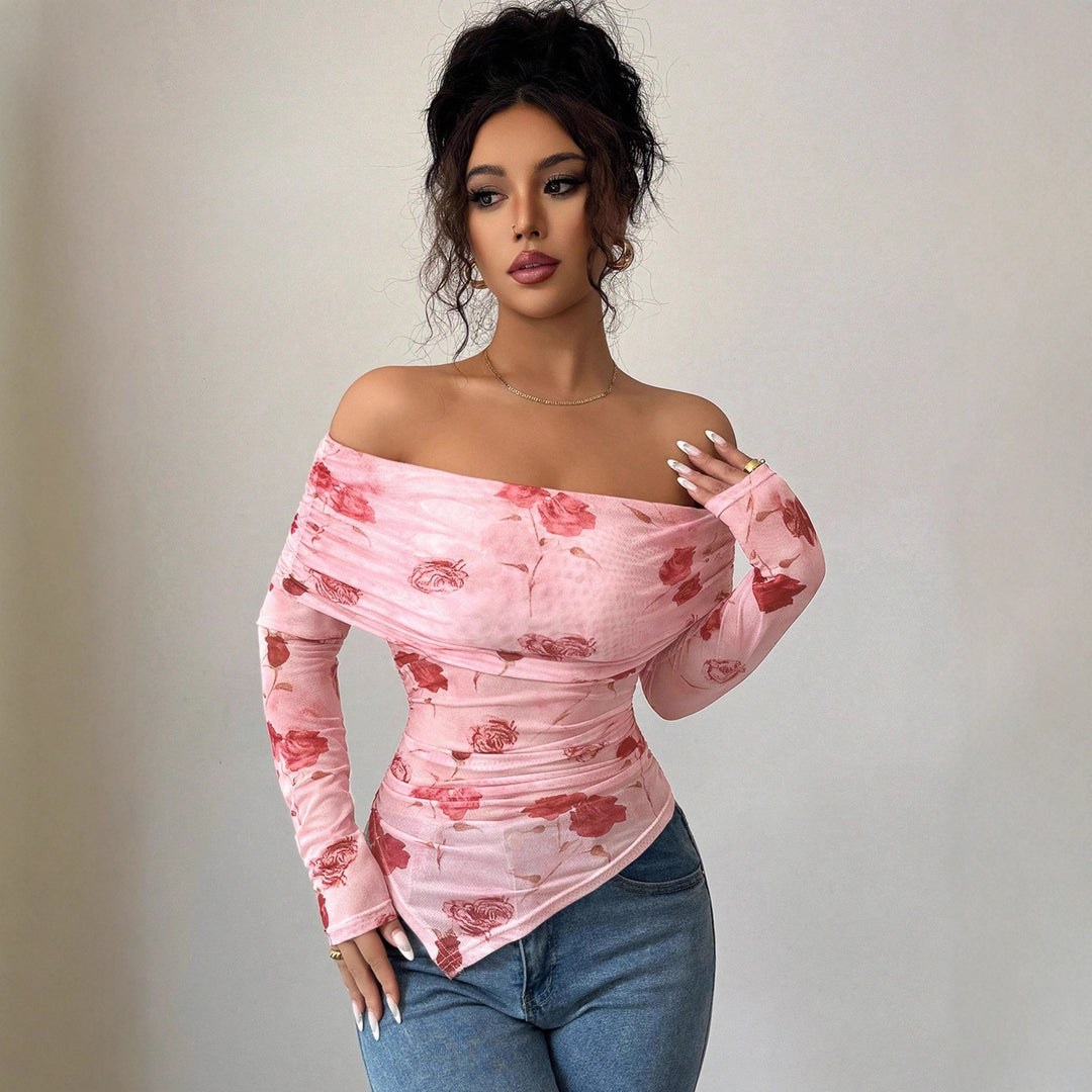 Women off-shoulder gathered long-sleeve top made of fine mesh with floral print and tailored silhouette Mune Fashion