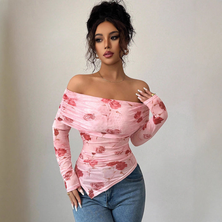 Women off-shoulder gathered long-sleeve top made of fine mesh with floral print and tailored silhouette Mune Fashion