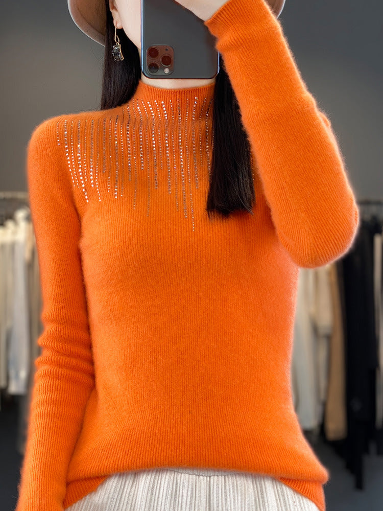 Women's Cashmere-Look Mockneck Sweater with Sparkling Rhinestone Cascade Mune Fashion