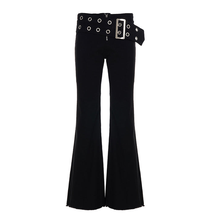 Women High-Waisted Flared Pants made of Stretch Denim with Grommet Belt Mune Fashion