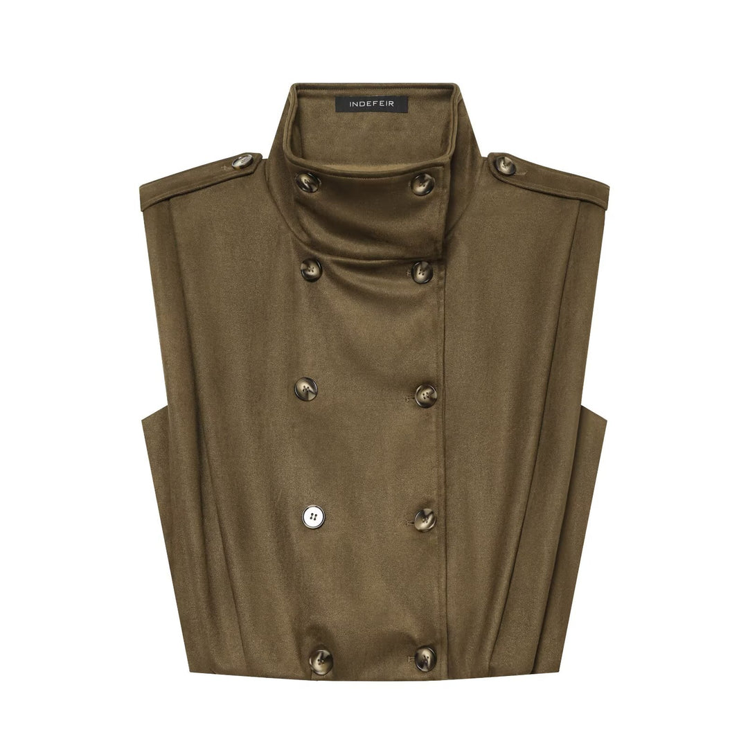 Women's Sleeveless Double-Breasted Trench Vest with High Stand Collar and Shoulder Tabs Mune Fashion