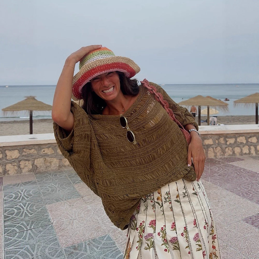 Women Loose Crocheted Poncho Knit Blouse with Wide Boat Neck and Texture Pattern Mune Fashion