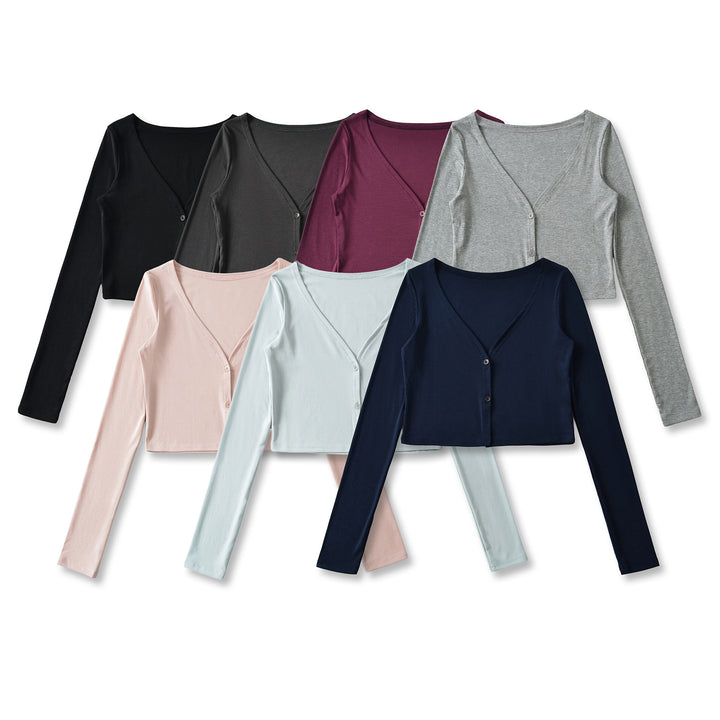 Women Cropped Jersey Cardigan with Deep V-Neck and Narrow Button Placket Mune Fashion