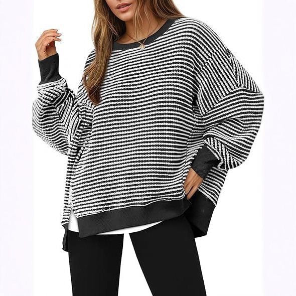 Women Striped Oversize Sweater with Round Neck and Side Slits Mune Fashion