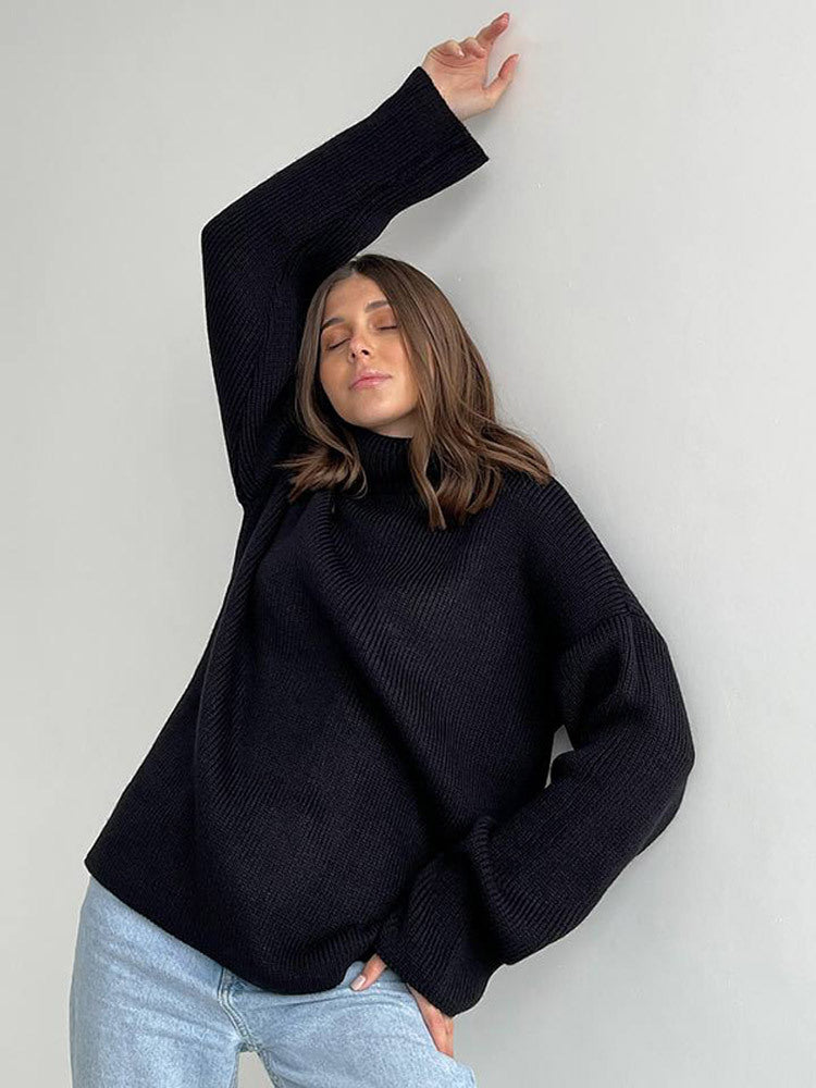 Women Oversized Ribbed Knit Turtleneck Sweater with Extended Cuff Mune Fashion