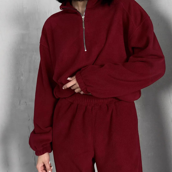 Women's Casual Fleece Jogging Suit Set with Stand Collar and Half-Zip Mune Fashion