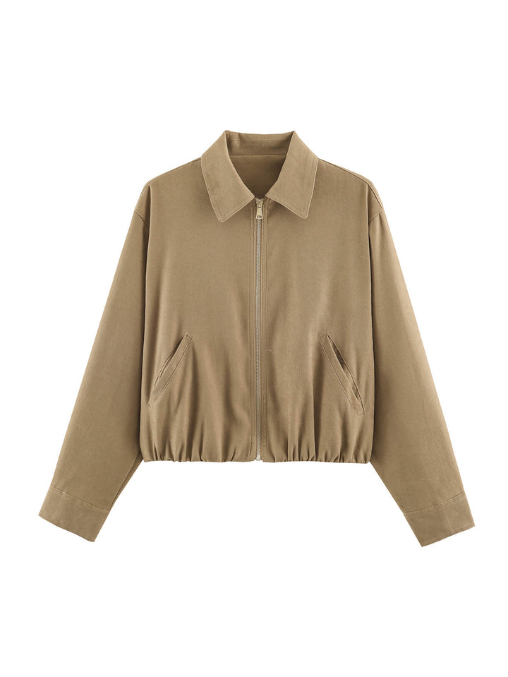 Women's short blazer in velvet look with pointed shirt collar and elastic hem Mune Fashion