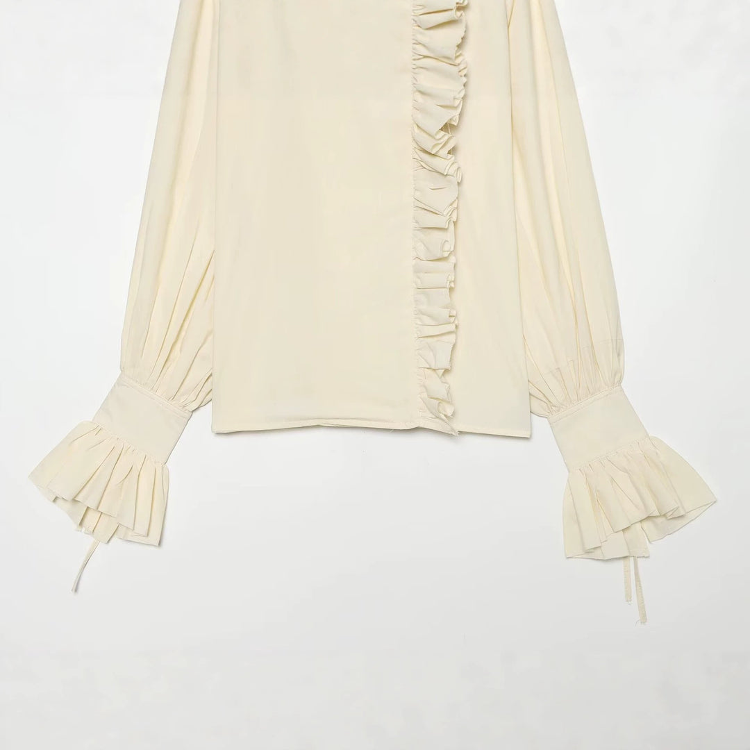Women's ruffled blouse with high stand-up collar, asymmetrical frill trim and balloon sleeves Mune Fashion