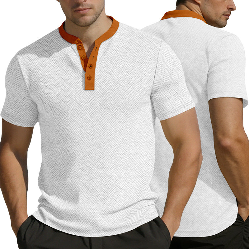 Men's slim short sleeve Henley polo shirt with Mandarin collar and fine jacquard texture Mune Fashion