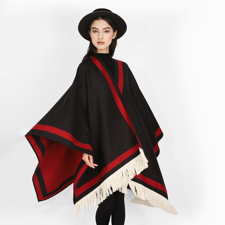 Women Rectangular Cape Poncho with Graphic Border Stripe, Fringes and Boxy Silhouette Mune Fashion