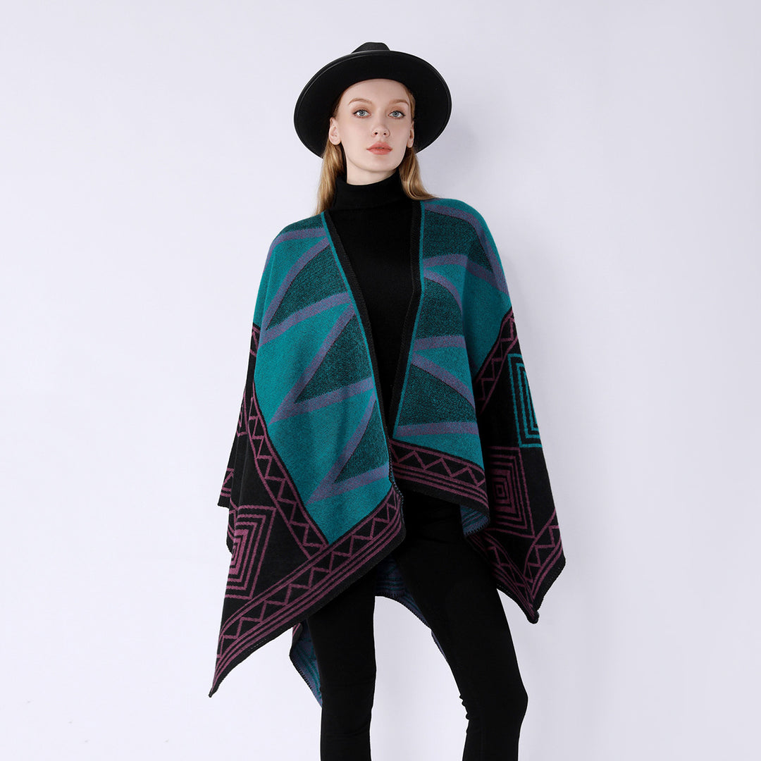 Women Geometric Wool Blend Overthrow Poncho with Overlock Edge Mune Fashion