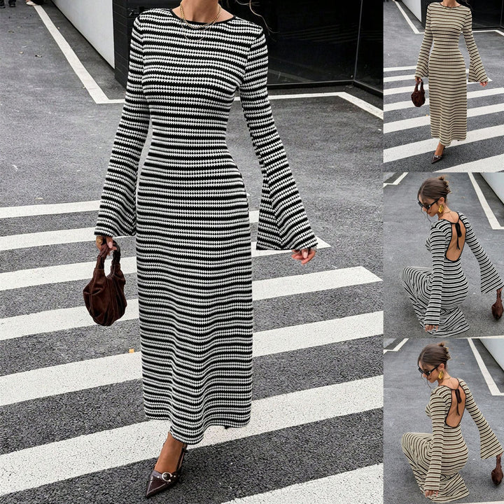 Women Figure-hugging Rib Mid Dress with Trumpet Sleeves and Tailored Cut Mune Fashion