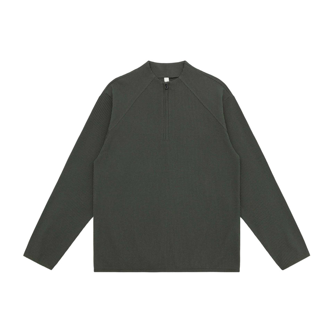 Unisex Waffle Structure Half-Zip Pullover with Short Zipper and Boxy Silhouette Mune Fashion
