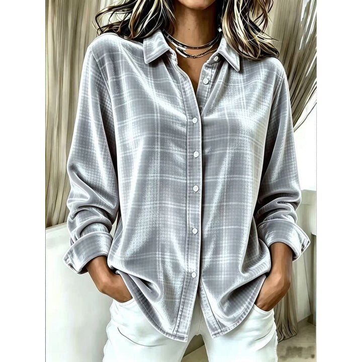 Women's Velvet Shirt Blouse with Check Pattern and Loose Oversized Cut Mune Fashion