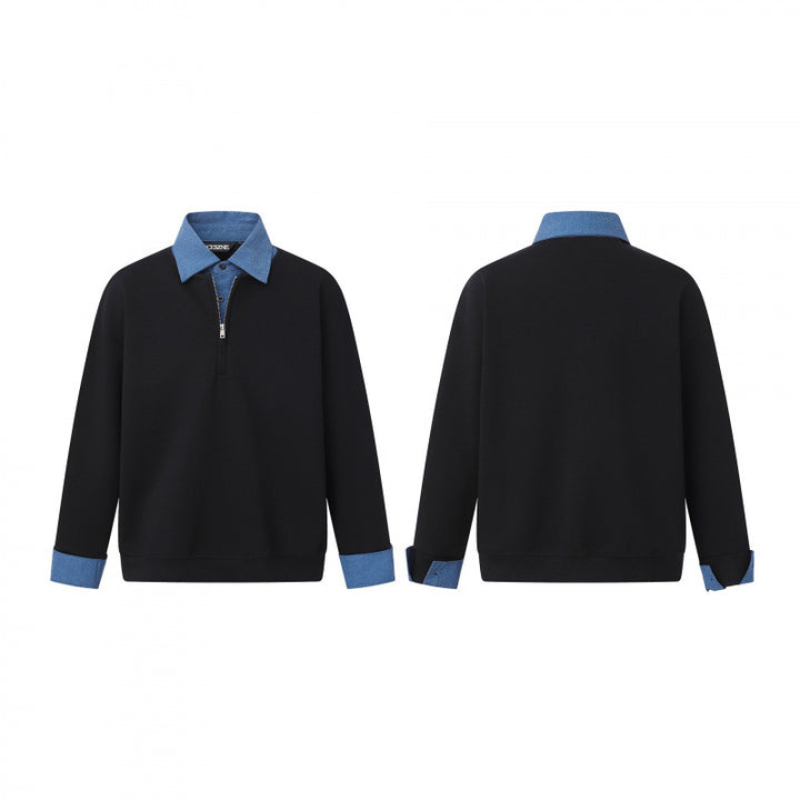 Unisex Oversize-Halfzip-Sweatshirt with contrasting shirt collar and denim cuffs Mune Fashion