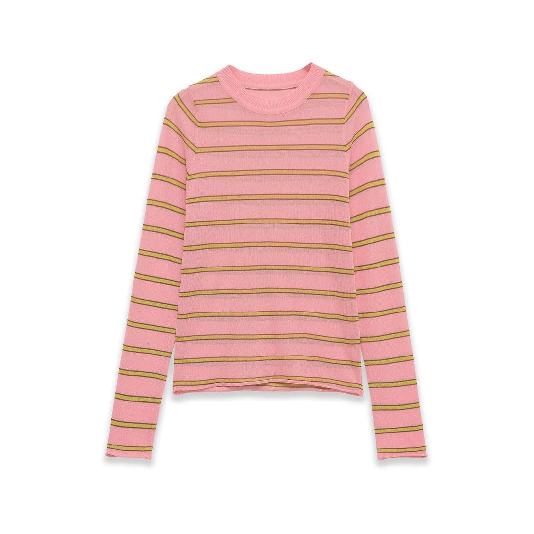 Women's fine knit pullover in slim fit with round neck and horizontal contrast stripes Mune Fashion