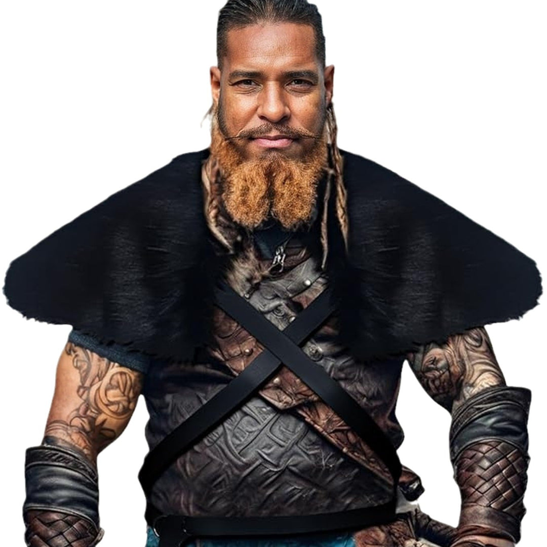 Men's Medieval Leather Jerkin with Faux Fur Shoulder Cape and Braided Arm Guards Mune Fashion