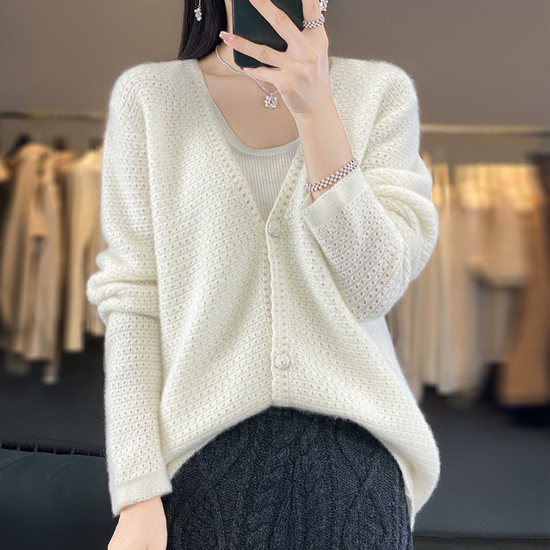 Women's Open Ajour Knit Cardigan with Subtle Plush Finish and Boxy Oversize Silhouette Mune Fashion