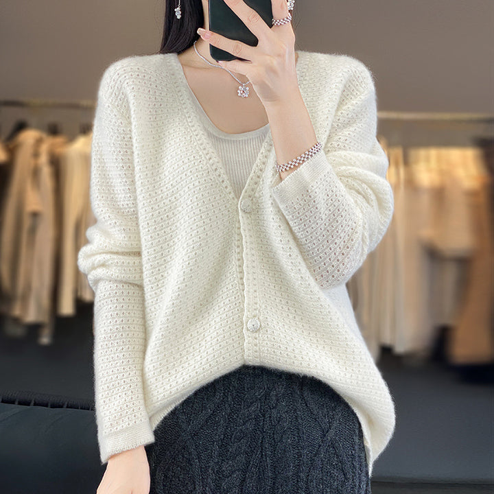 Women's Open Ajour Knit Cardigan with Subtle Plush Finish and Boxy Oversize Silhouette Mune Fashion