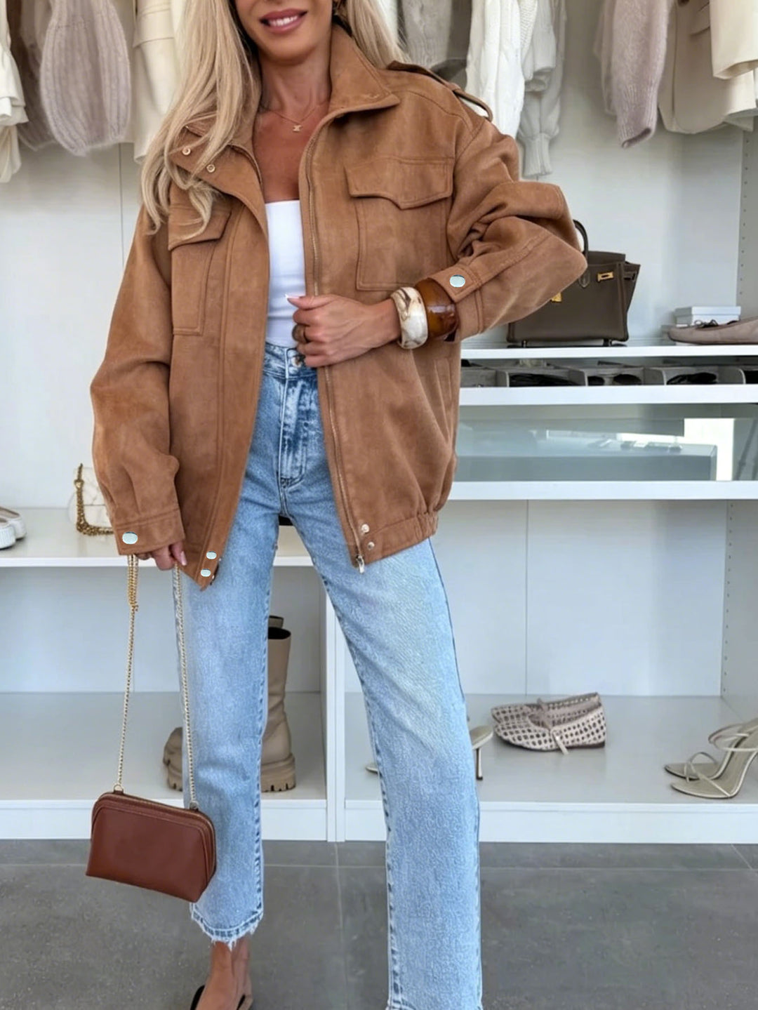 Women's Oversized Jacket in Suede Look with Chest Pockets and Epaulettes Mune Fashion