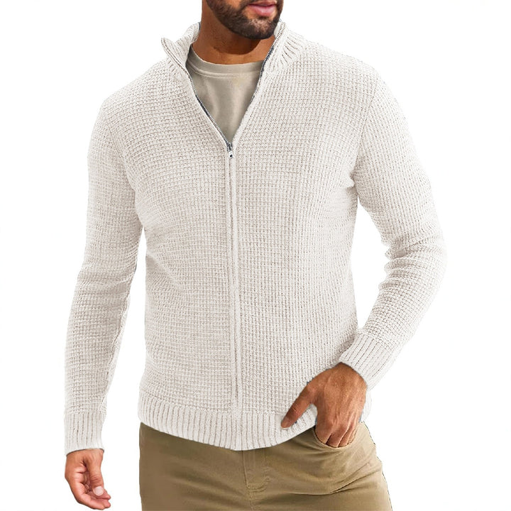 Men's Zip-Up Cardigan with Waffle Texture and Stand-Up Collar Mune Fashion
