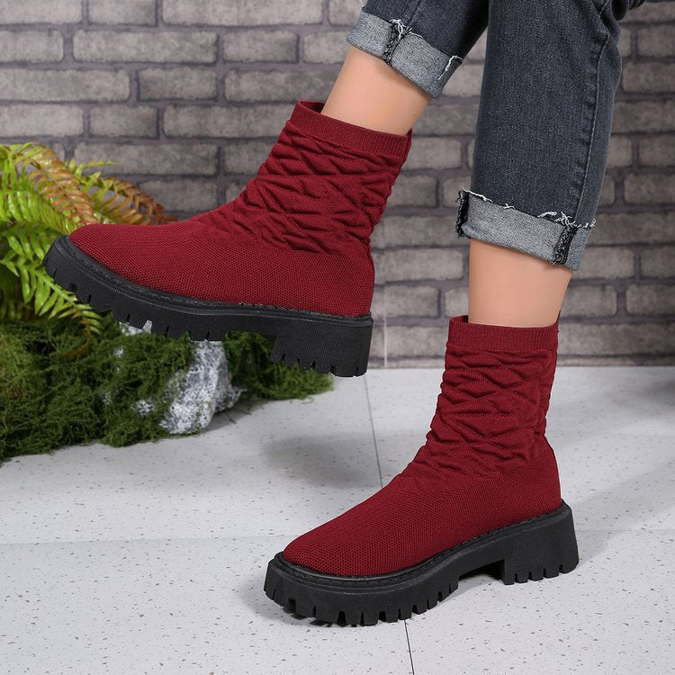 Women's Knit Sock Boots with Elastic Shaft and Chunky Lug Sole Mune Fashion