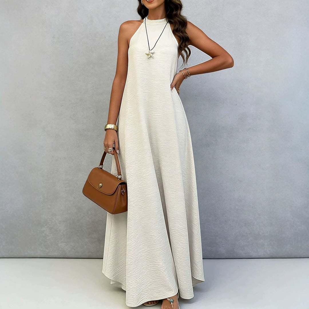 Women’s sleeveless maxi dress with high standing collar, flowing A-line and crepe texture Mune Fashion