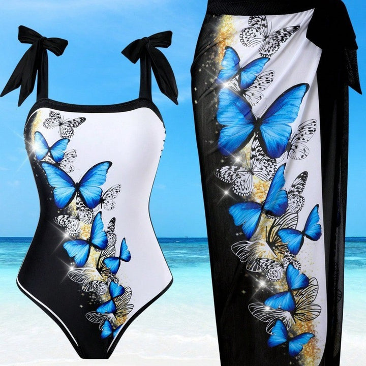 Women's One-Piece Swimsuit with Stylish Wrap Skirt and Butterfly Design Mune Fashion