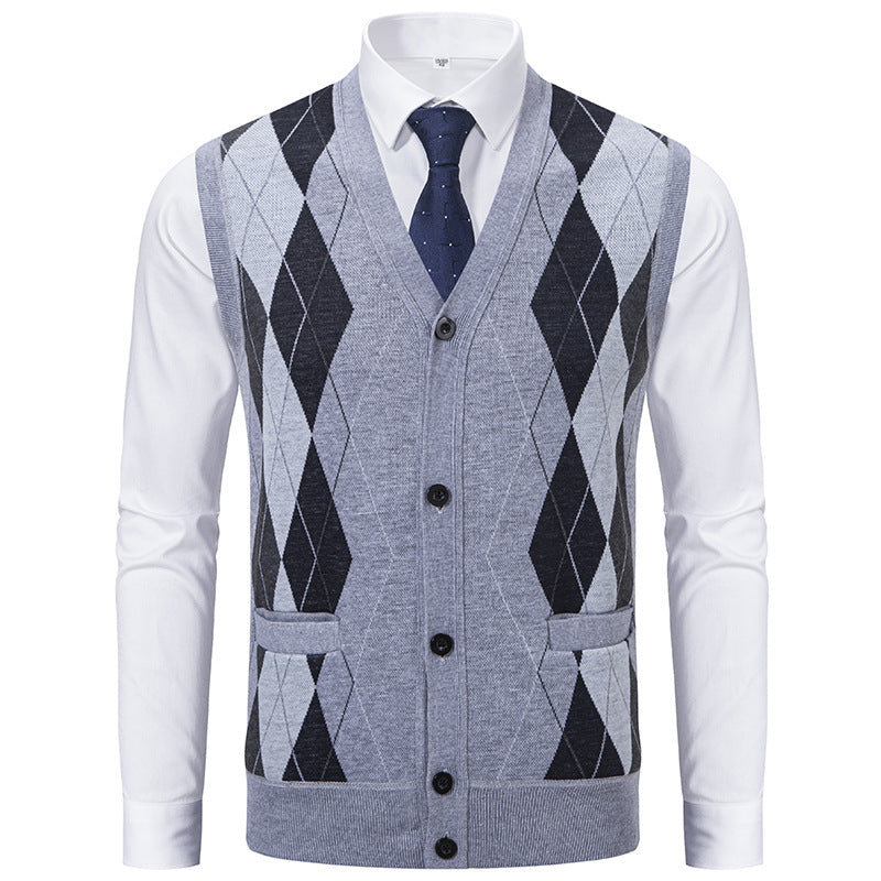 Men's sleeveless wool blend vest with V-neck, Argyle diamond pattern, welt pockets and button placket Mune Fashion