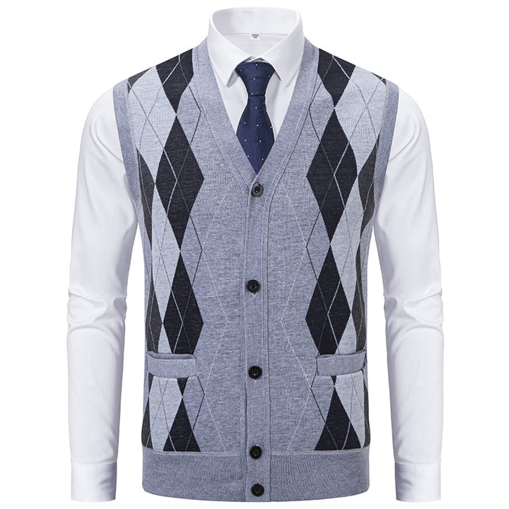 Men's sleeveless wool blend vest with V-neck, Argyle diamond pattern, welt pockets and button placket Mune Fashion