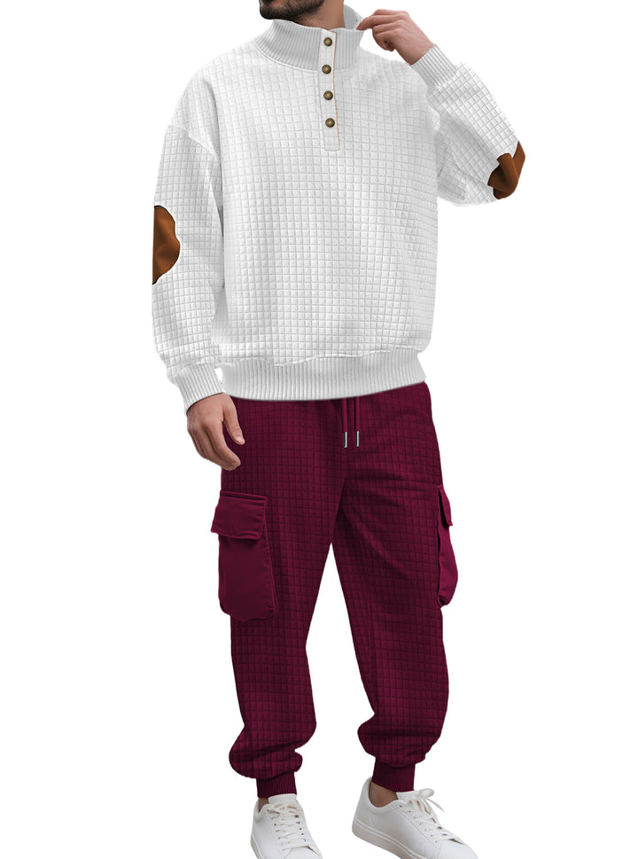 Men's check relief sweat set with stand collar button placket, velour elbow patches and cargo jogger Mune Fashion