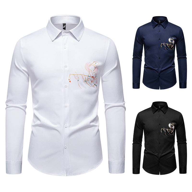 Men's Slim-Fit Business Shirt with elaborate chest embroidery and Kent collar Mune Fashion