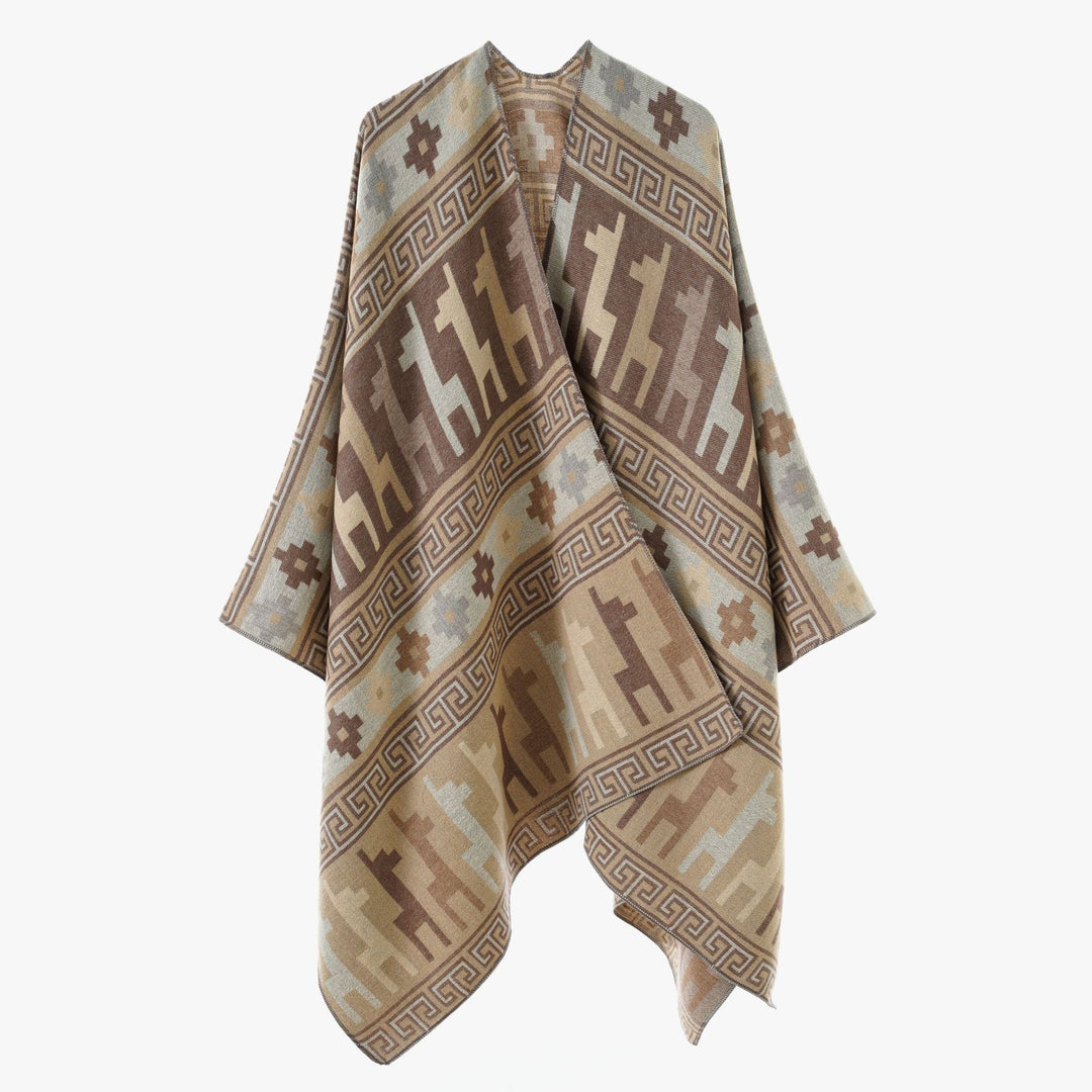Women's jacquard knit poncho with ethnic animal motifs and open kimono cut Mune Fashion