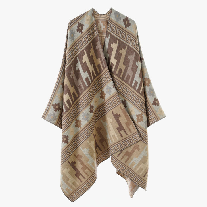 Women's jacquard knit poncho with ethnic animal motifs and open kimono cut Mune Fashion