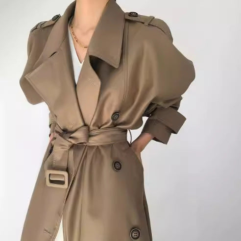 Women Fashionable Faux Leather Trench Coat Mune Fashion