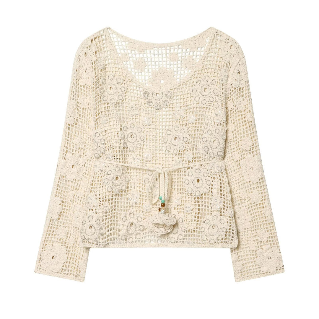 Women's crochet blouse with floral crochet design, V-neck and drawstring Mune Fashion