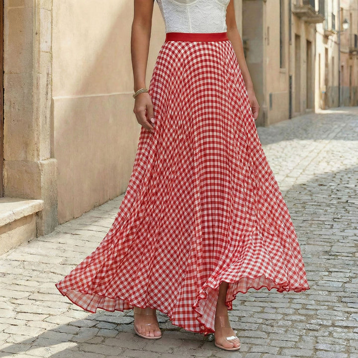 Ladies pleated maxi skirt with Vichy check, high waistband and ruffle trim Mune Fashion