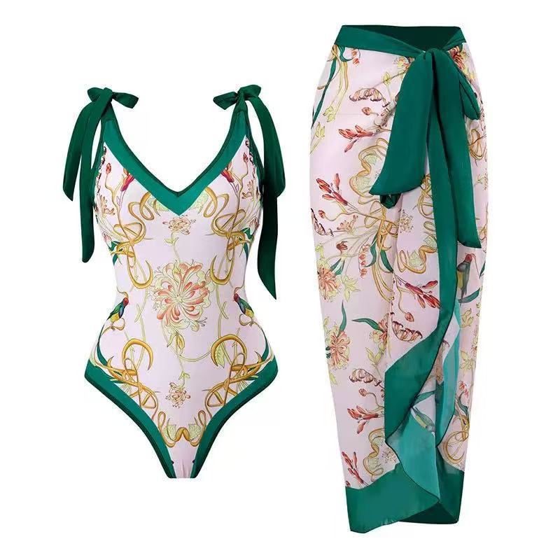 Women's swimsuit with floral design and transparent wrap skirt Mune Fashion