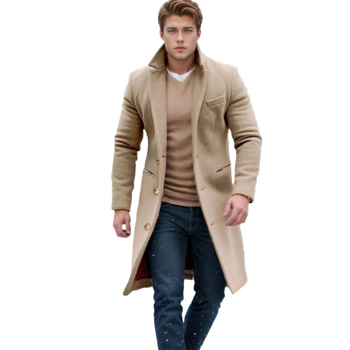 Men's Elegant Single-Breasted Long Coat Made of Wool Blend with Slim Silhouette and Lapel Collar Mune Fashion