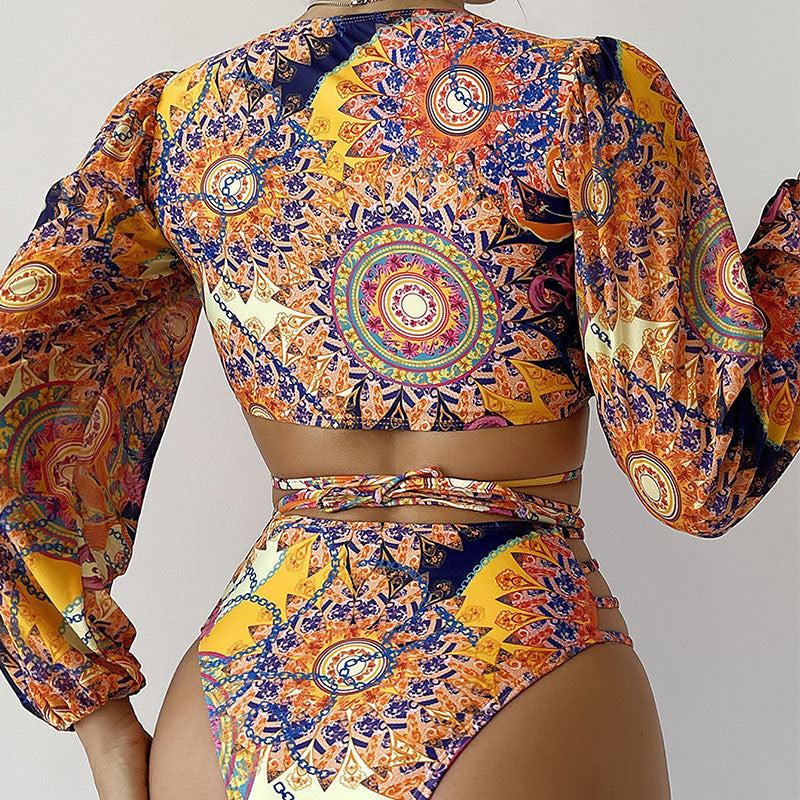 Ladies Colorful Bikini with Long Sleeve Top and Lacing Mune Fashion