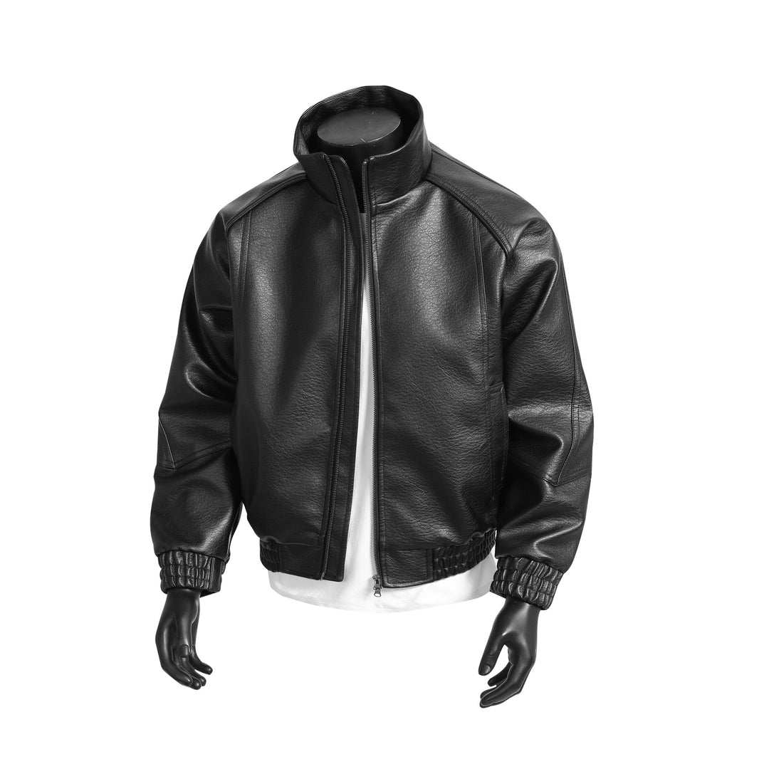 Men's urban faux leather bomber jacket with high stand-up collar and tailored ribbed waistband Mune Fashion