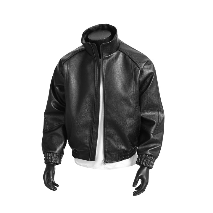 Men's urban faux leather bomber jacket with high stand-up collar and tailored ribbed waistband Mune Fashion