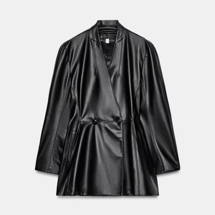 Women Faux Leather Blazer in Oversized Cut with Wrap Look and Tailored Decorative Buttons Mune Fashion