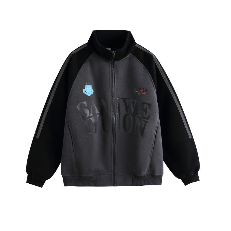 Unisex Oversize College Track Jacket with Stand-up Collar and Raglan Sleeves Mune Fashion