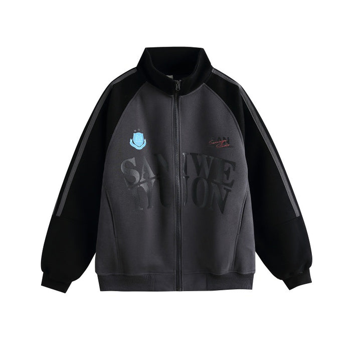 Unisex Oversize College Track Jacket with Stand-up Collar and Raglan Sleeves Mune Fashion