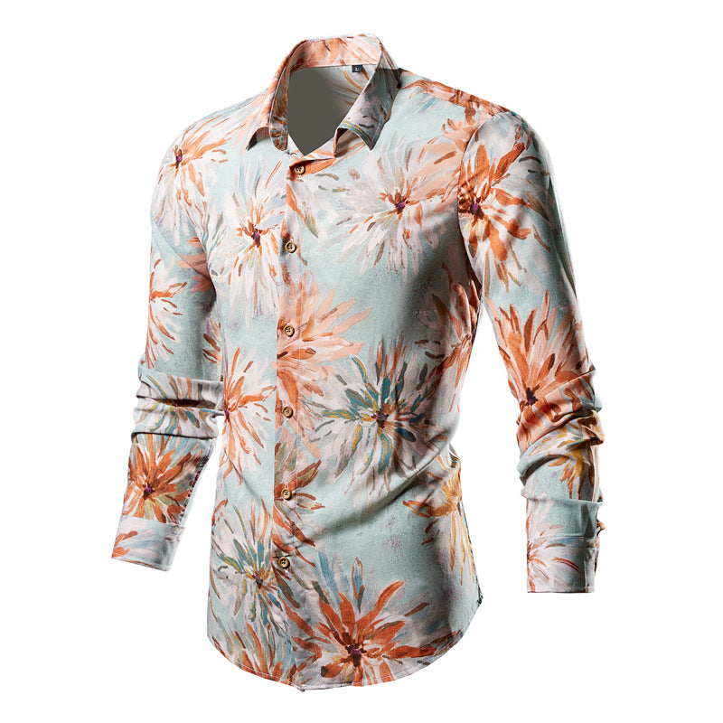 Men's fitted long-sleeve shirt with striking leopard print, lightweight satin look, and elastic slim fit Mune Fashion