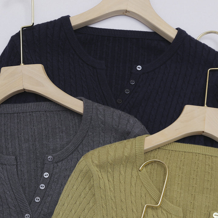 Women's Fine Cable Pattern Henley Fine Knit Shirt with Round Neck & Button Placket Mune Fashion