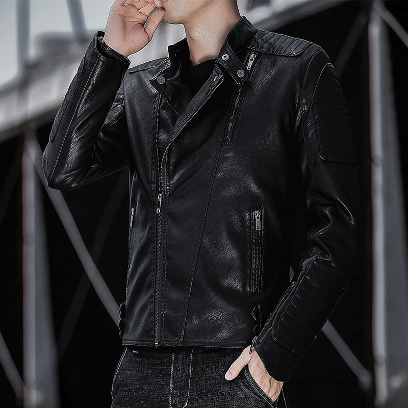 Men's biker jacket made of synthetic leather with quilted sleeve yoke and stand-up collar Mune Fashion
