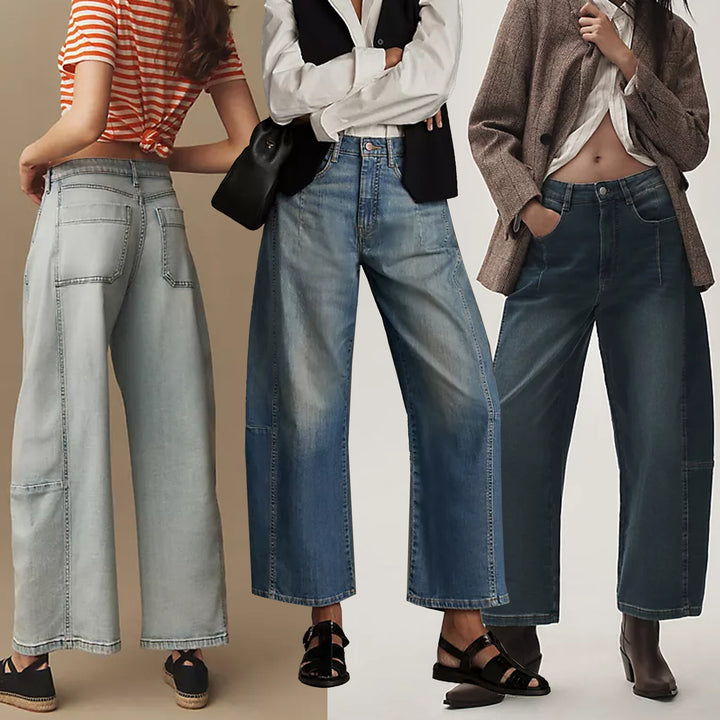 Women's high-cut wide culotte jeans with cropped length and decorative seam details Mune Fashion